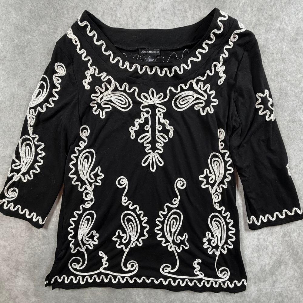 Lauren Michelle Womens Medium Top Black White Paisley Embroidered 3/4 Sleeve
